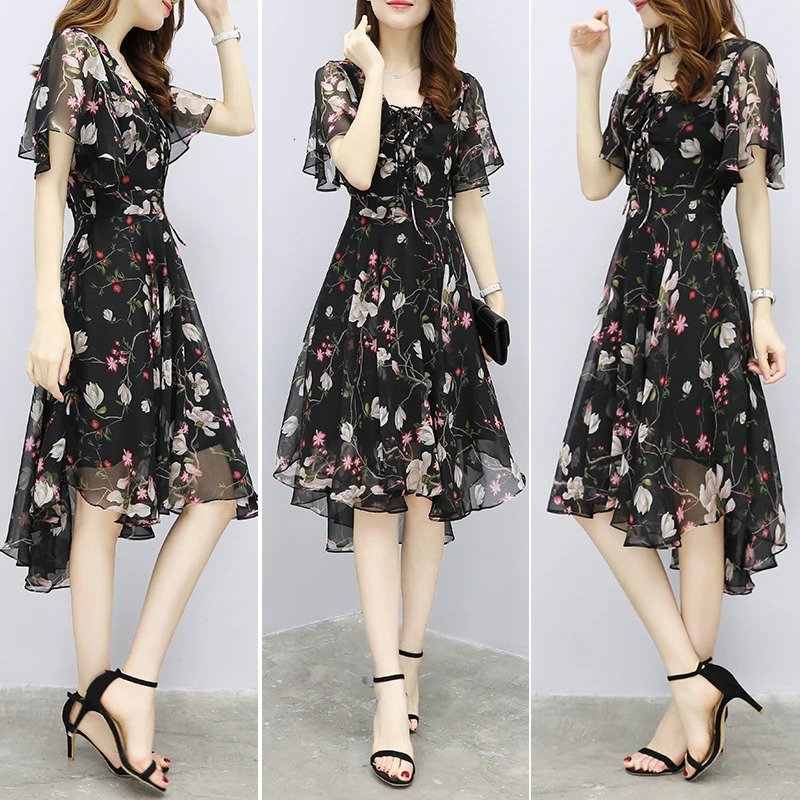 Womens fancy chiffon dress 2024 womens elegant Vneck short sleeved Korean summer 250304