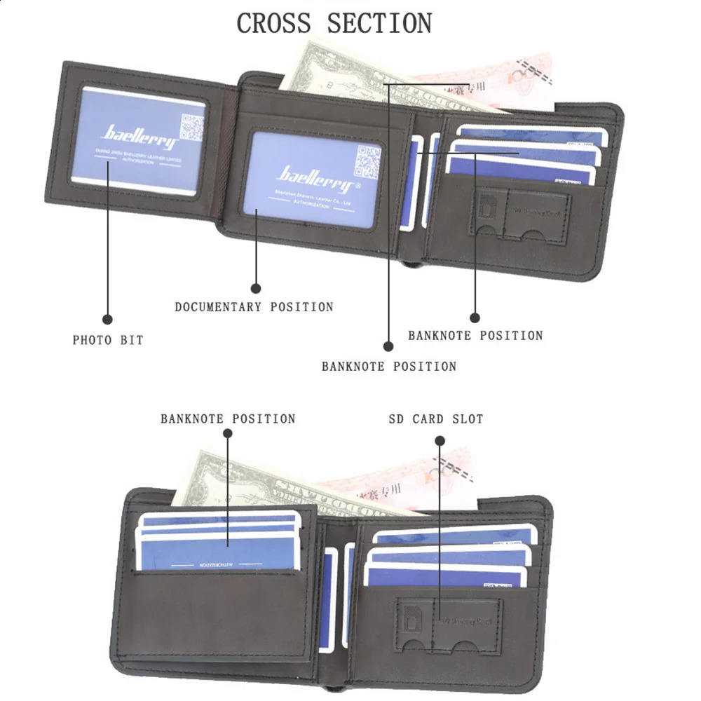 Baellerry Short y Men Wallets High Quality PU Leather Vintage Name Engraving Male Wallet Card Holder Small Purse 250305