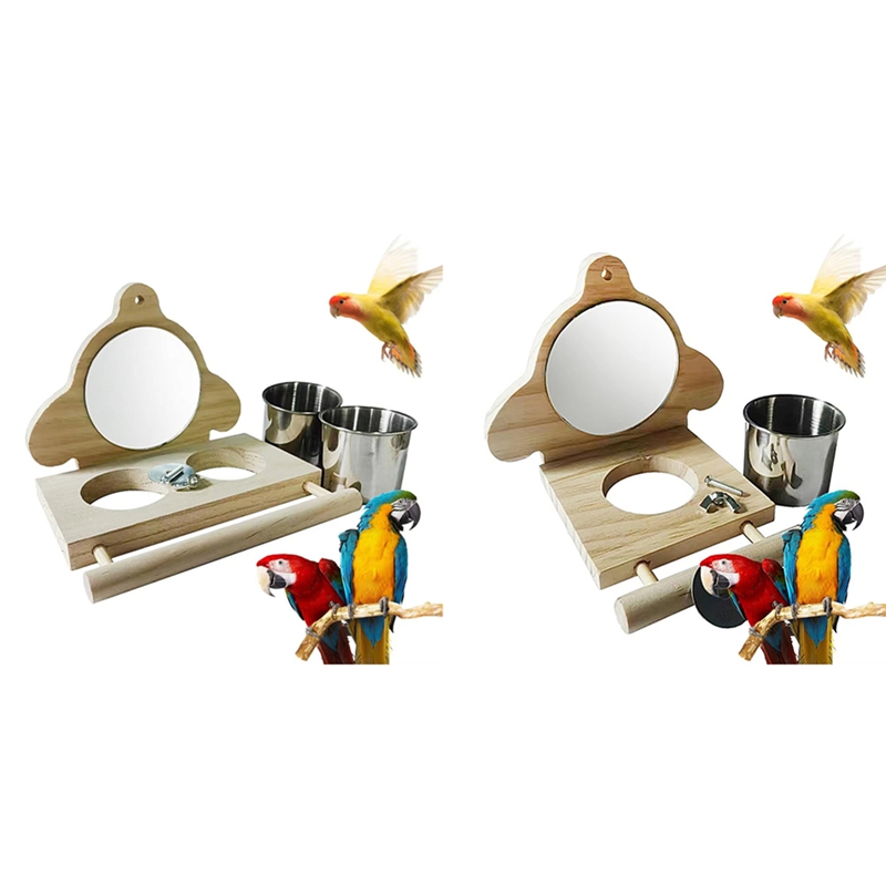 Parrot Perch Wooden Parakeet Mirror Toy Bird Parrot Perch With Mirror And Feeding Cups Cage Play Toy For Lovebird