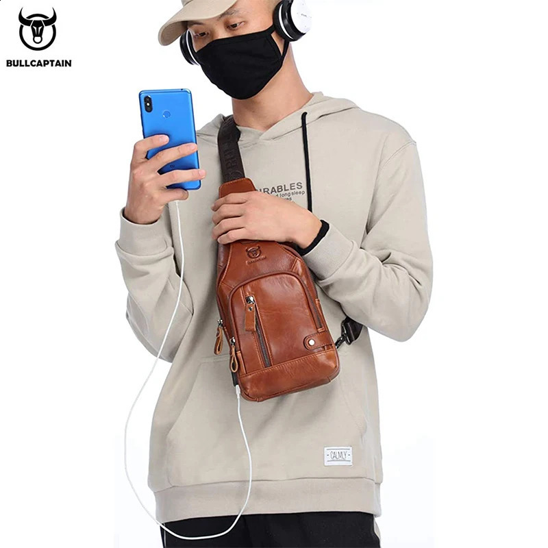 Bullcaptain leather large capacity chest bag mens shoulder with USB port for outdoor leisure activities 250227
