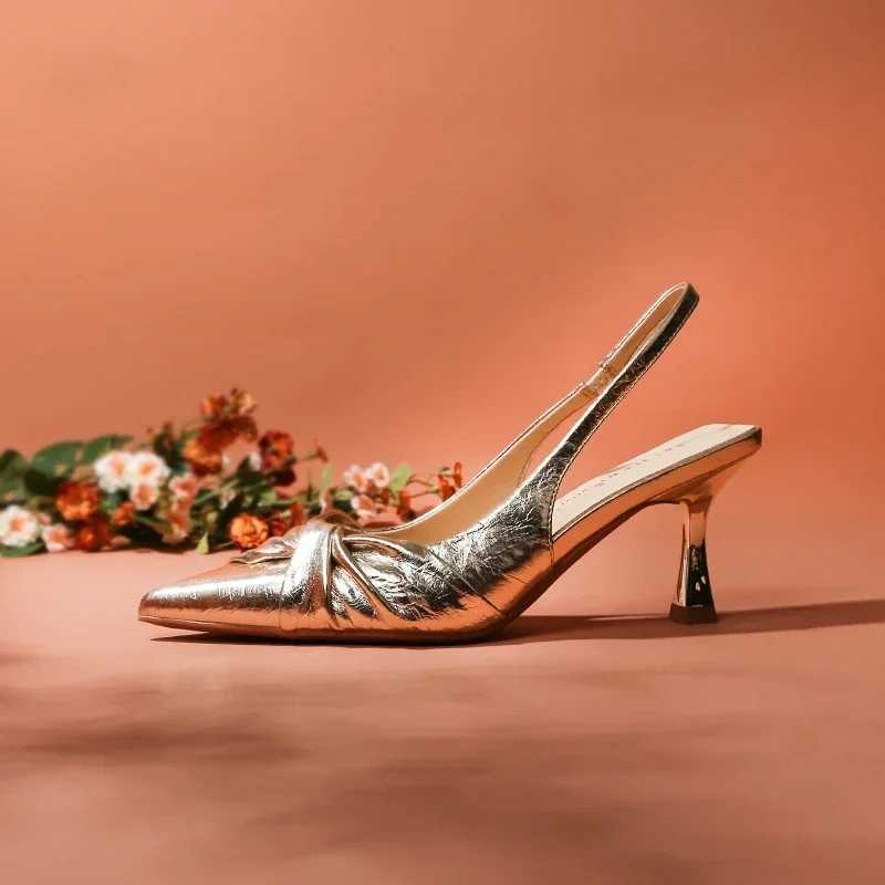 Golden Pleated Sexy Womens Sandals Pointed High Heeled Fi Banquet High Heeled Sandals High Heeled Womens Shoes Y250304