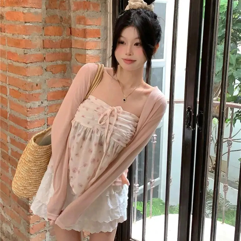Womens Lace Floral Vest Summer Top Pink front Pleated Spice Girl Pure desire Floral Suspenders Summer Inside Vest 250228