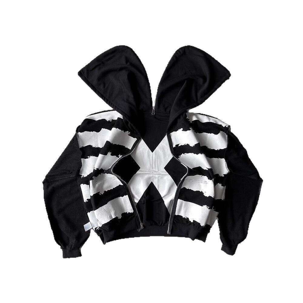 Y2K full zipper split design unisex printed hooded sweatshirt