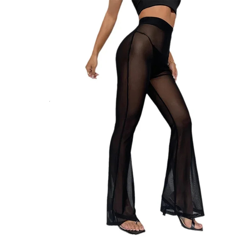 Womens Romansong Sheer Mesh Flare Leggings Stretchy High Waist Long Pants Lightweight Casual Skinny Baggy Black Pants 250304