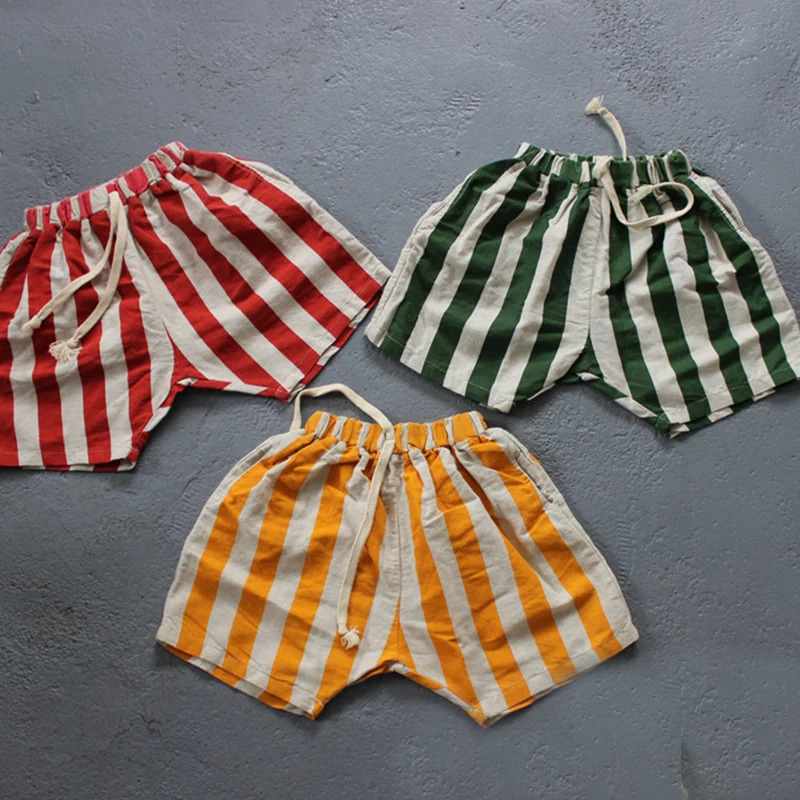 Summer 1-6 Yrs Baby Boys Girls Shorts Linen Cotton Stripes Kids Casual Shorts Baby Boys Girls Trousers Children Shorts 250304