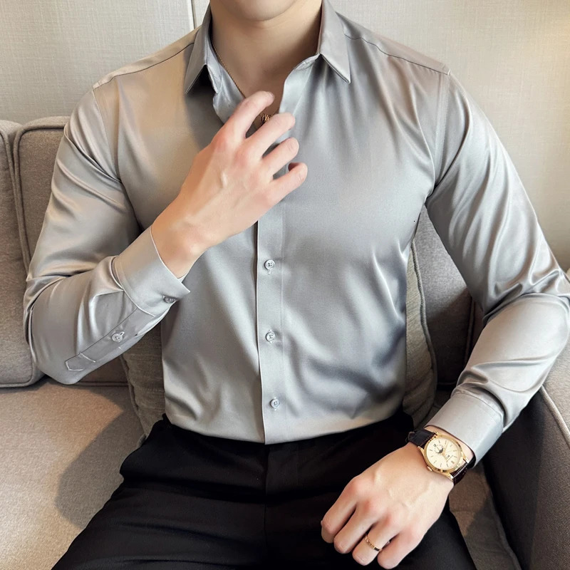 Mens Shirts Plain Color Dress Elastic Slim Fit Social Shirt Long Sleeve Elegant Prom Tuxedo Big Size 250227