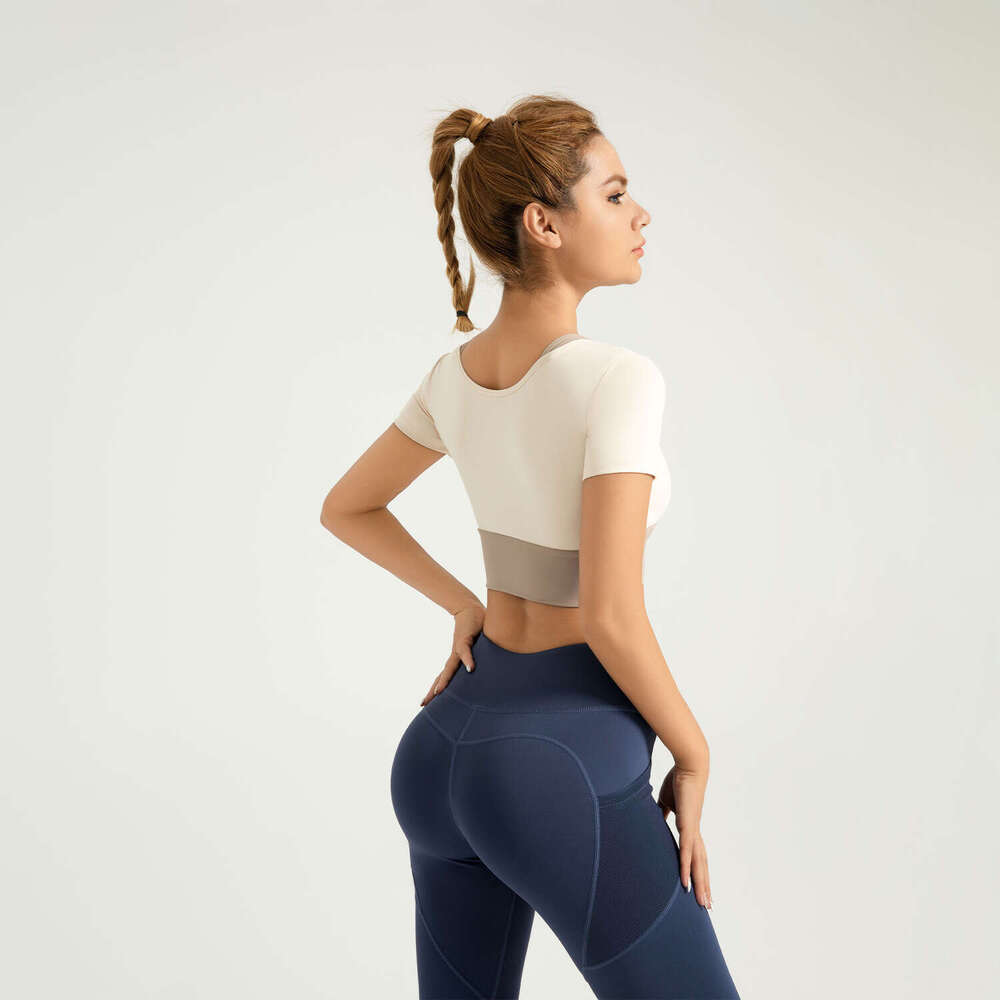 Special Zone Color Blocked Fake Two Piece Yoga Short Sleeved Non Wear Bra Sports Top KLMY