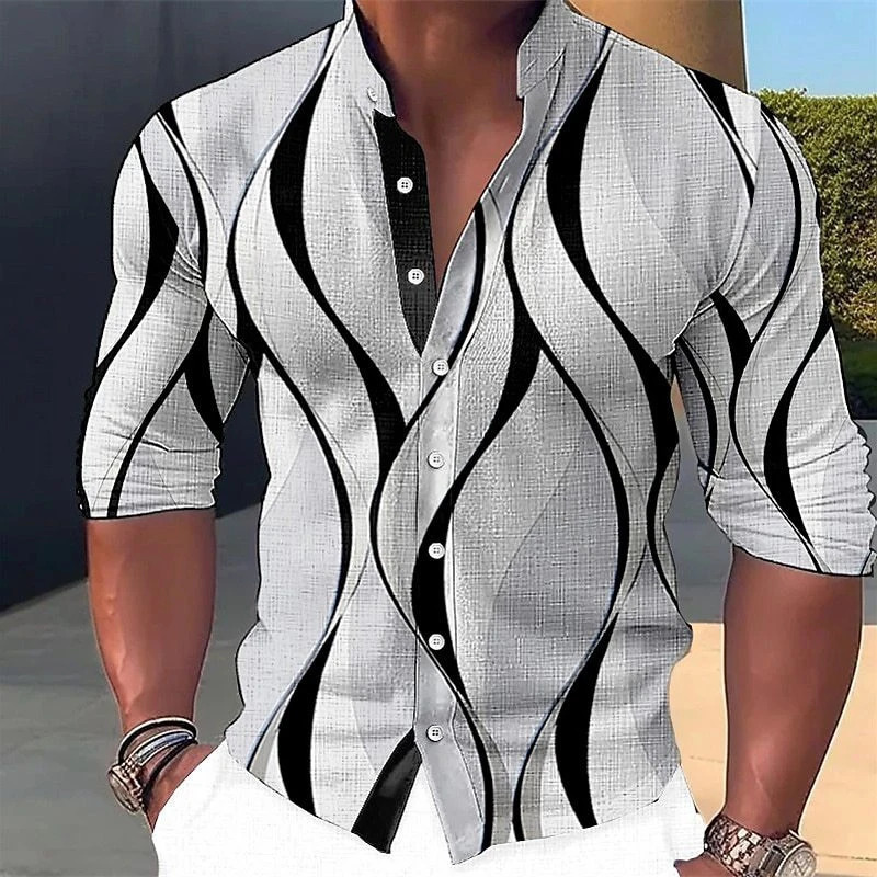 Mens shirt graphic geometric standing collar outdoor street long sleeved printed clothing fashion casual 250227Z