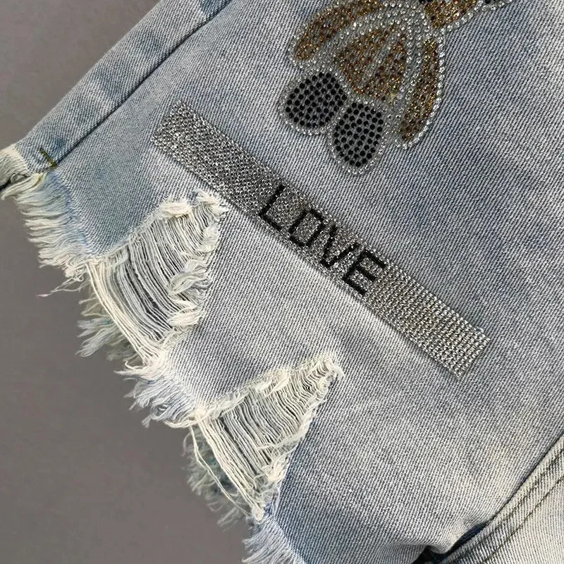 Womens 2024 Summer High Waist Little Bear Diamond Shorts with Broken Hole Ragged Edge Denim Female Streetwear 250304