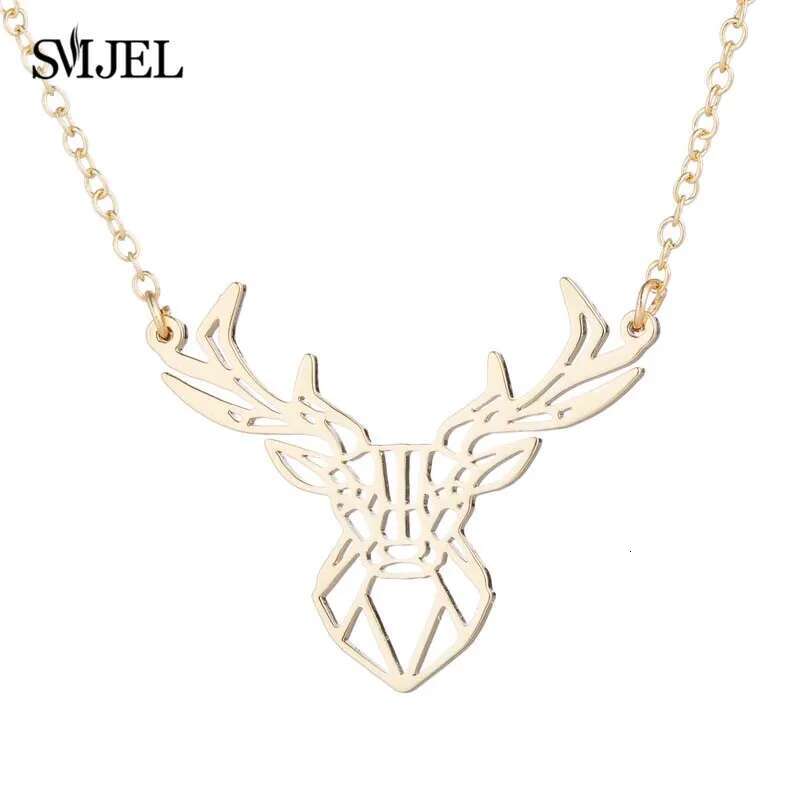 Punk Elk Deer Antlers Pendant Women Stainless Steel Origami Geometric Animal Necklace For Christmas Gifts Girls