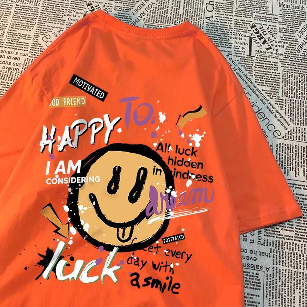 Happy dreams, lucky smiles, men's and women's T-shirts, high-quality round neck T-shirts, summer sportswear, loose cotton breathable T-shirt
