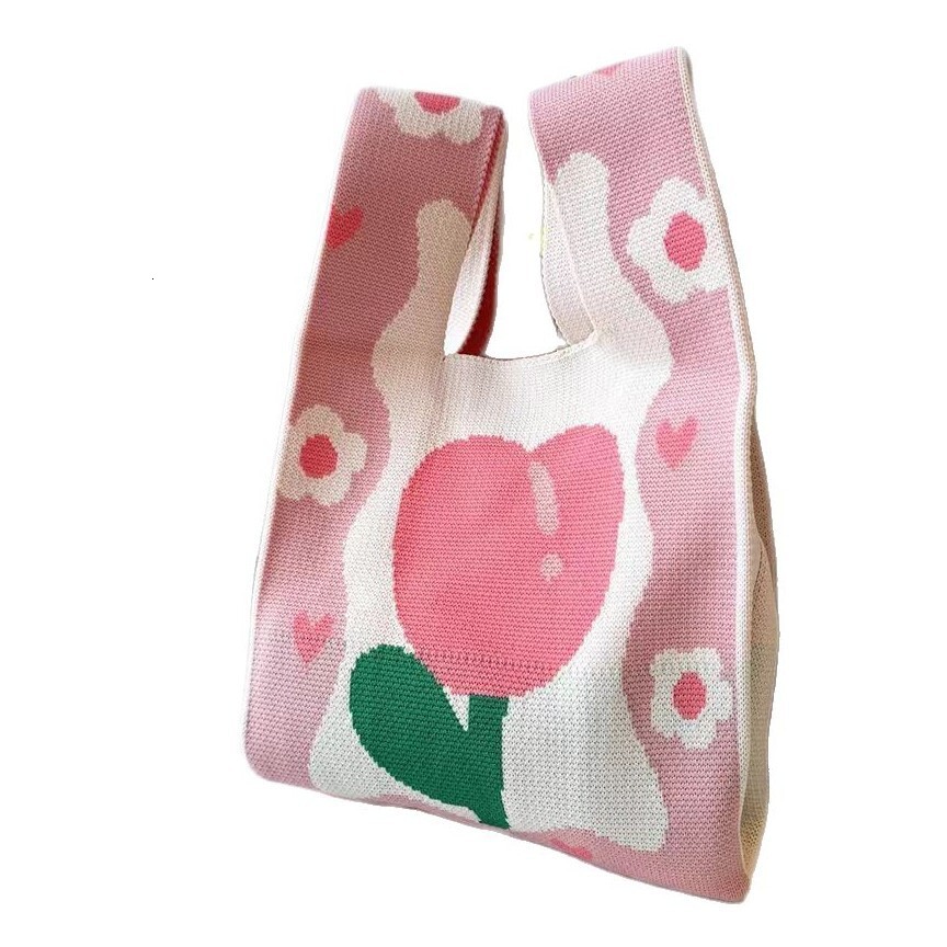 Popular Internet Celebrity Cartoon Flower Handbag, Women's Knitted Yarn Water Bucket Bag, Hundred Clutch Carrying Casual Tote Bag