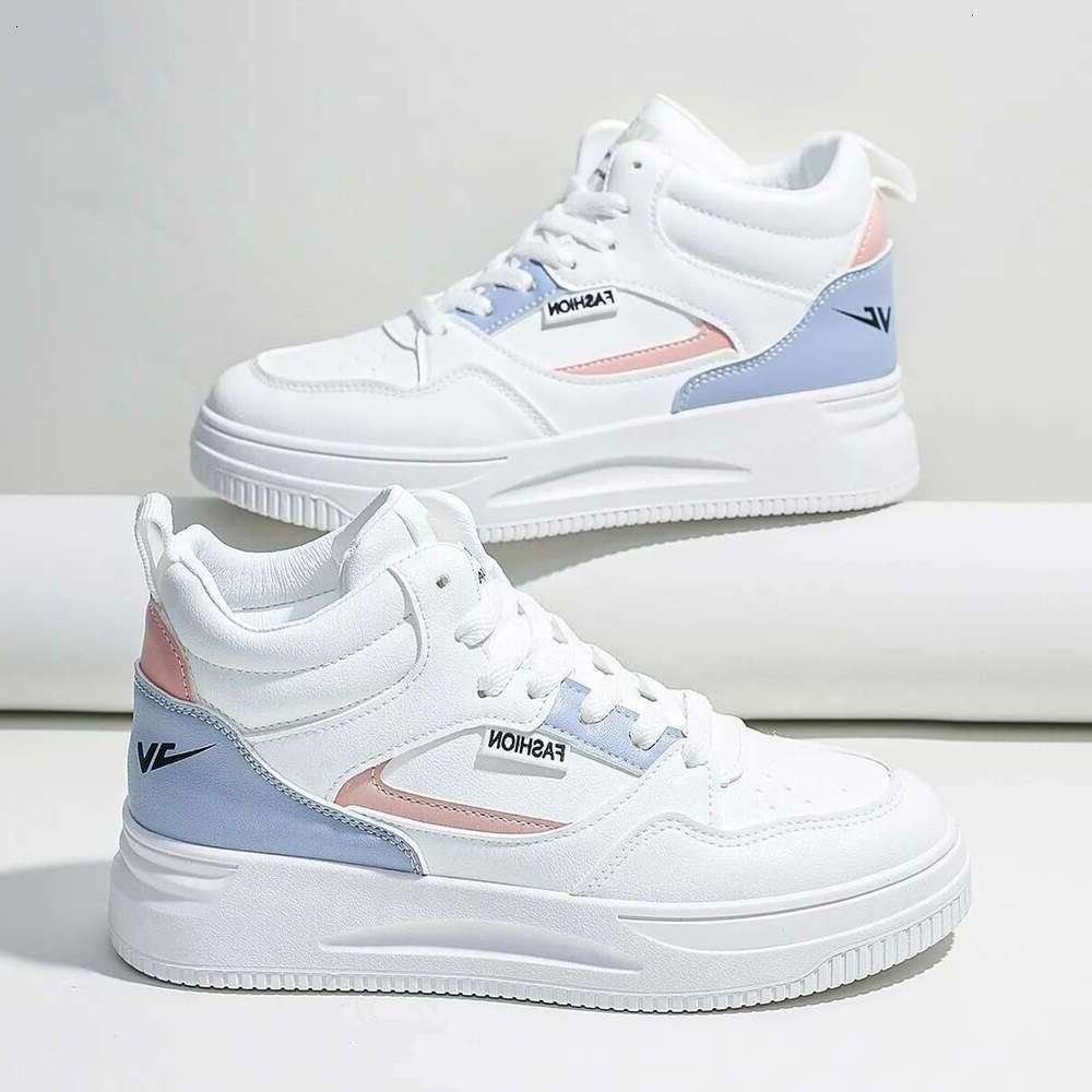 Women White Colorblock Lace-Up Front Skate Shoes High-top Light weight Work Sneakers for Indoor Outdoor Gym