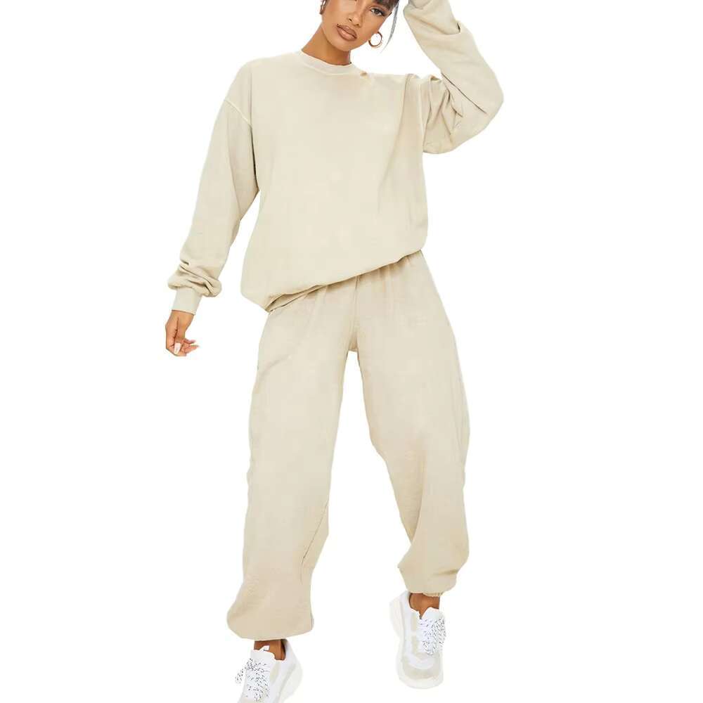 OEM Wholesale Cotton 2 Piece Sets Women Hoodie Fleece Crew Neck Sweatshirt Jogger Set