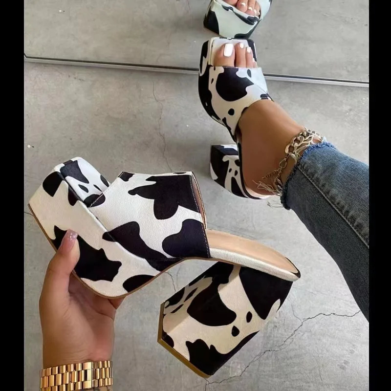 Women Color Printing Square Head Thick Bottom Thick Heel One-line Slippers Womens Large Size High-heeled Sandals 250228