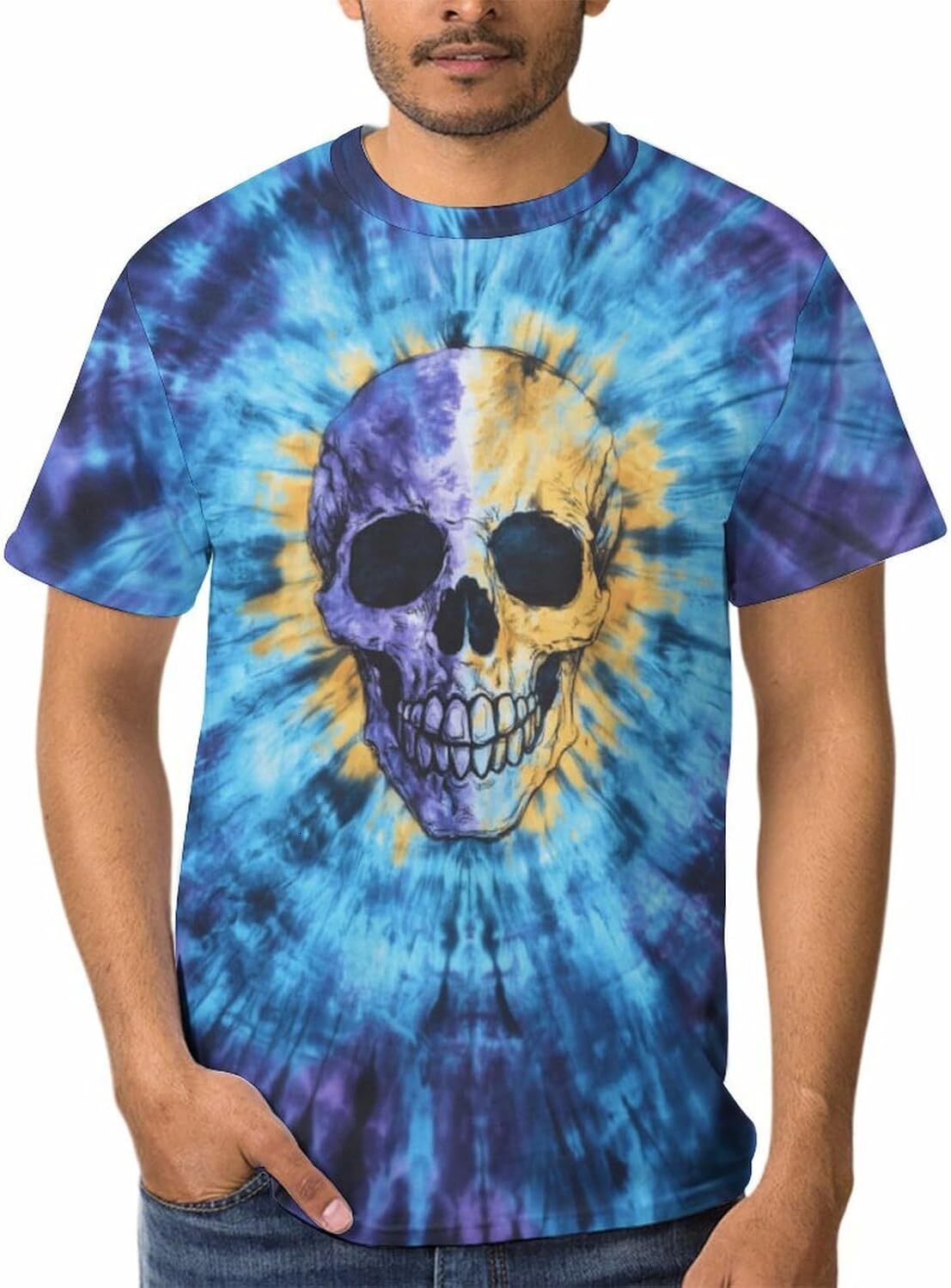 Mens T shirt Mens All Over Colorful Tie-Dye Fantasy Short Sleeve T-Shirt with Skull Graphic tee Casual tops summer clothes