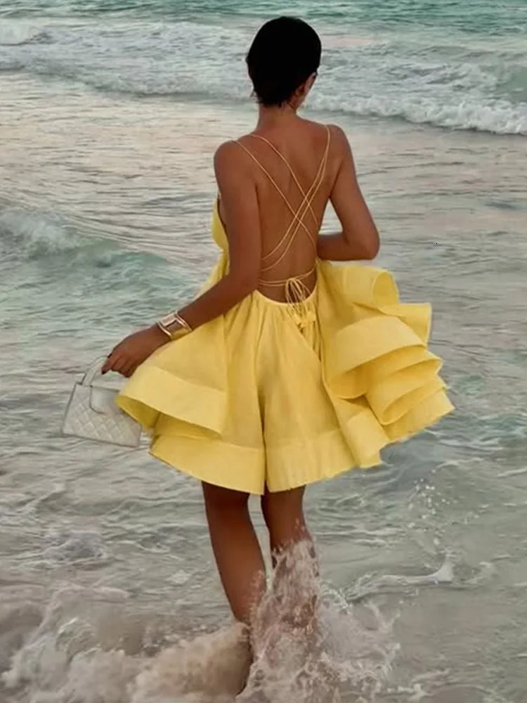 Fashion Backless A Line Mini Dresses for Women Chic Female Sleeveless Big Swing Party Dress 2025 Lady V Neck Beach 250304