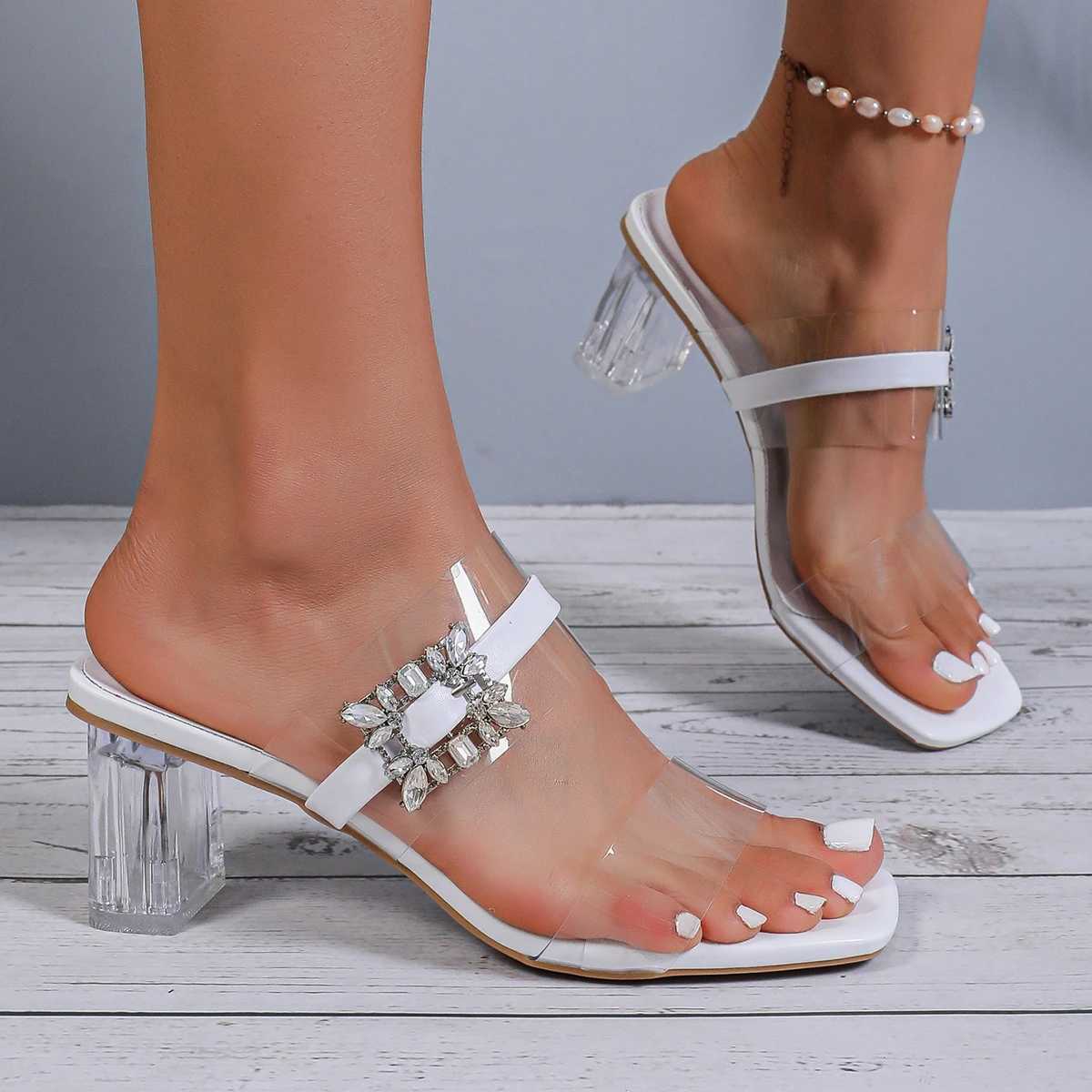 Rhine Transparent Heeled Sandals Women 2025 Summer Women Chunky High Heel Slippers Women Square Toe Crystal Party Shoes Y250304