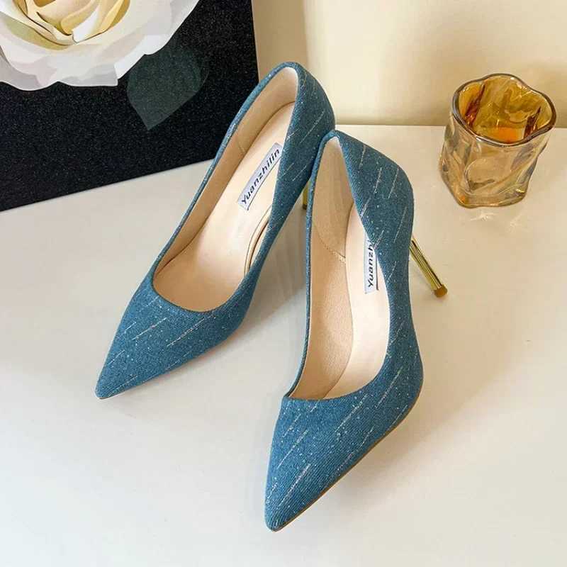 Size Up Shoes Fi Wen Summer High H Wedding Shoes Denim Pointed Stiletto High Heels Work Shoes 8cm High H Y250304