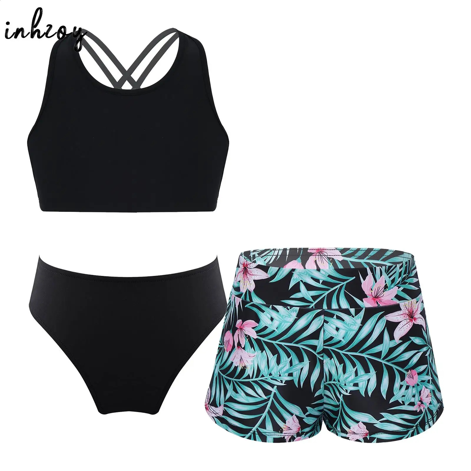 Kids Girls 3 Pieces Swimming Bathing Suits Beach Wear Bikini Tankini Swimsuit Crop Tank TopBriefsPrinted Shorts Swimwear Set 250304