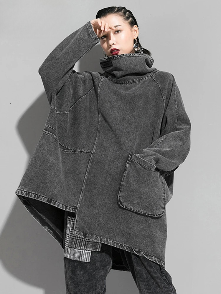 Loose Fit Black Denim Sweatshirt New High Collar Long Sleeve Women Big Size Fashion Spring Autumn