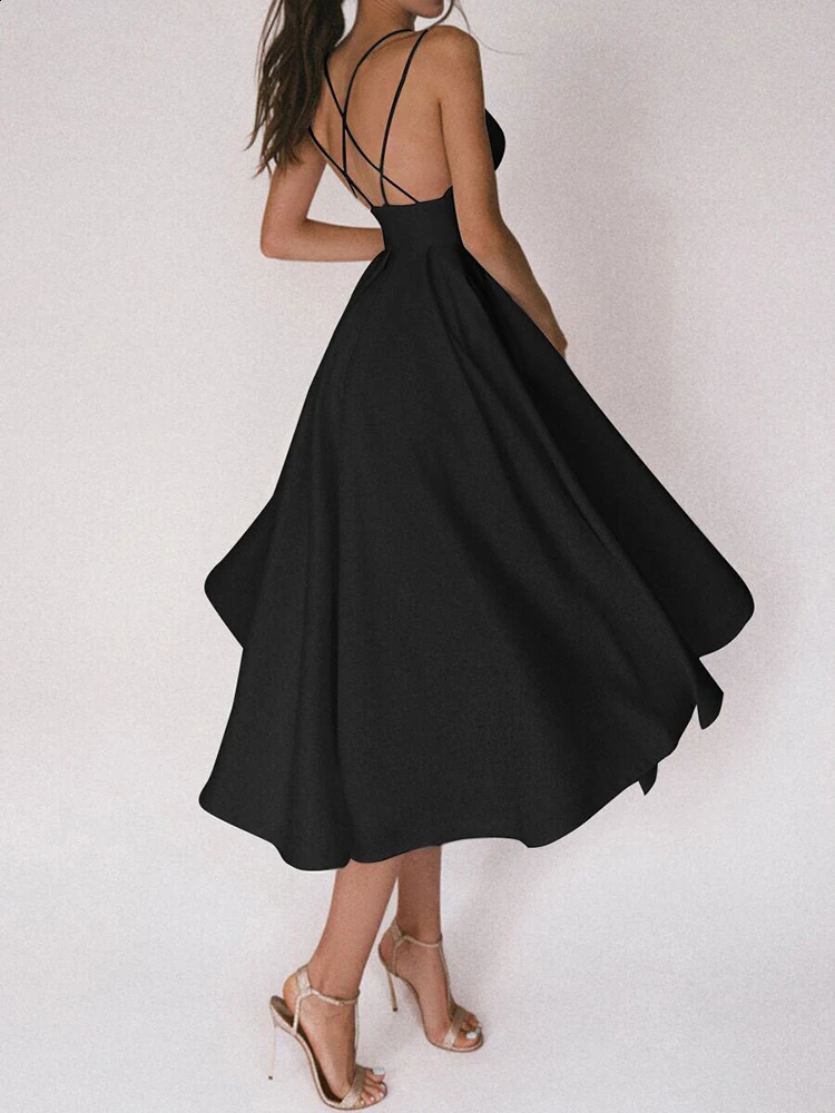 Summer Spaghetti Strap Midi Party Dresses Women Solid Color Sexy Vneck Backless Temperament Elegant Lady Prom Dress 250305