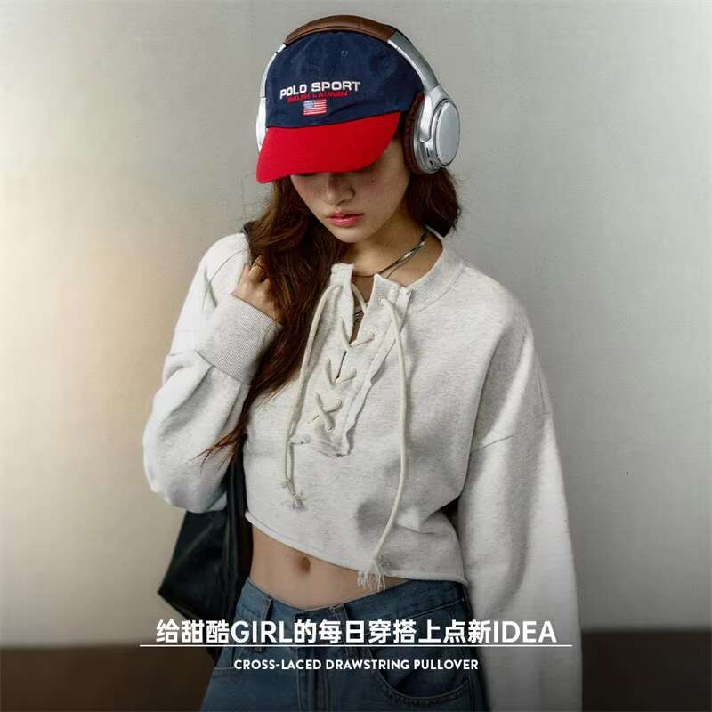 Maden Wholesale Women's Lace-Up Hoodie Vintage High-Waisted Drawstring Loose-Fit Long Sleeve Hooded Short Pullover Spring Autumn