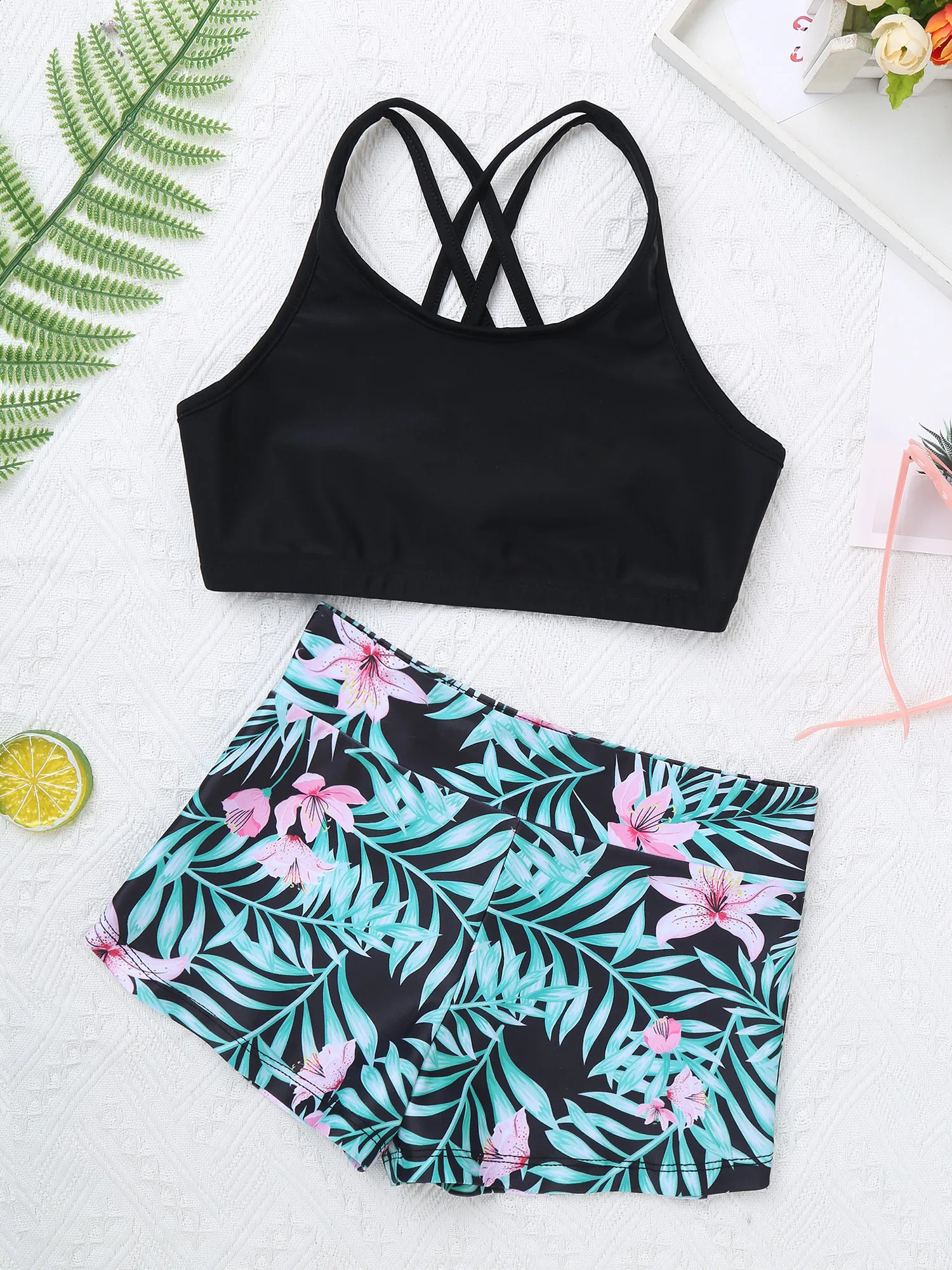 Kids Girls 3 Pieces Swimming Bathing Suits Beach Wear Bikini Tankini Swimsuit Crop Tank TopBriefsPrinted Shorts Swimwear Set 250304