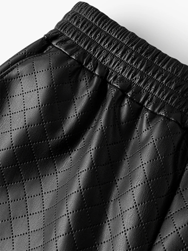 LautaroWomens Black Soft Faux Leather Wide Leg Shorts High Elastic Waist Diamond Plaid Bottoms Loose Casual Spring 250304