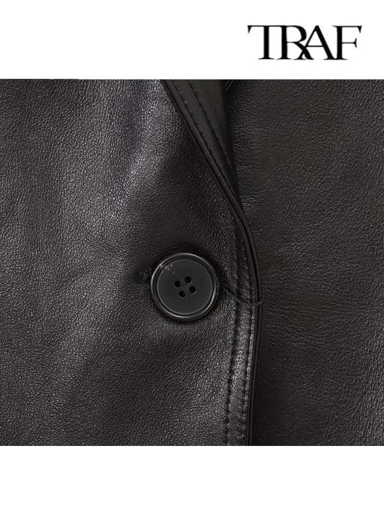TRAF 2025 Women's Jacket Leather Blazers Spring Autumn Fashion Single Button Coat Casual Vegetable Tanned Sheepskin Suit New