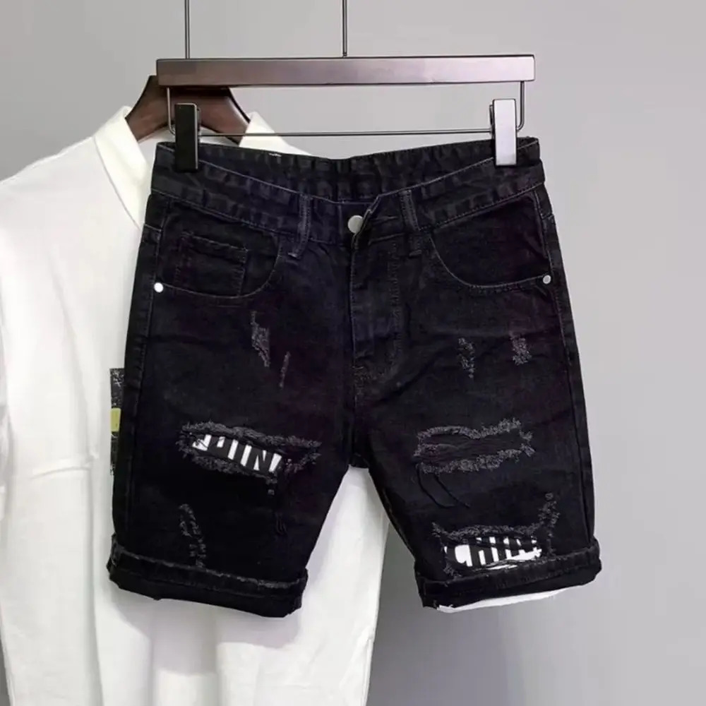 Summer Denim Shorts Black Ripped Raw Edge Streetwear Retro Shorts Straight Washed Trendy Mens Causal Versatile Denim Shorts 250304