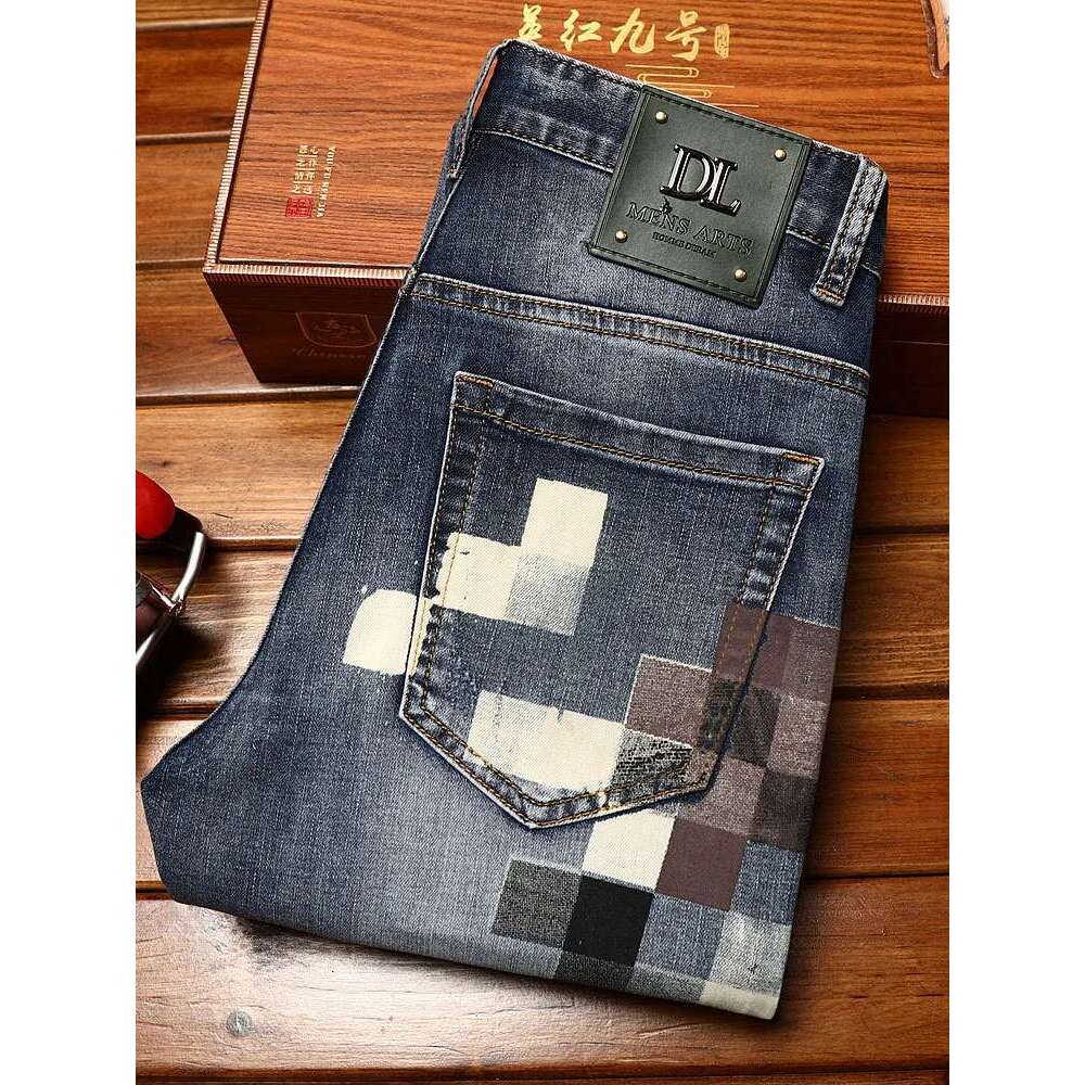 Trendy Design Mosaic Printed Jeans For Men's Fashionable Summer Thin Casual And Handsome Elastic Denim Slim Fit Small Leg Pants