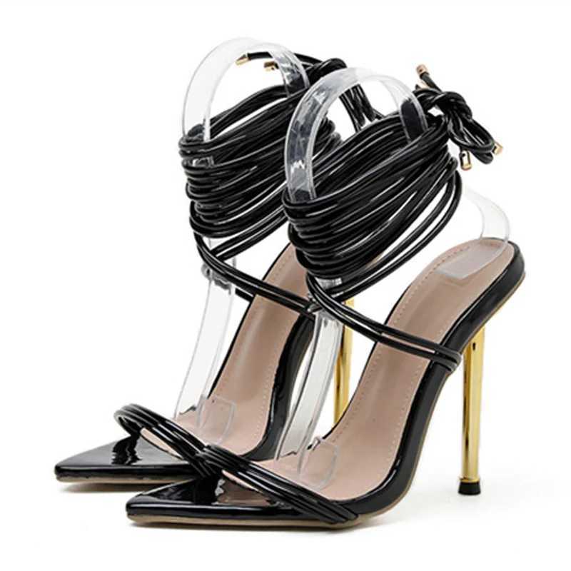 Summer 12CM Gladiator Heels Sandals For Women Fi Pointed Open Toe Lace-Up Stiletto Ladies Strappy Wedding Shoes Black RedXJ2500305