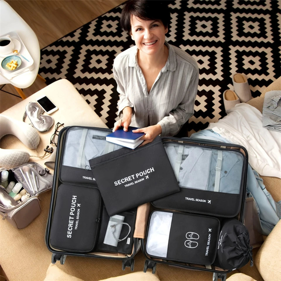 Ship from US 7 Pcs Set Travel Luggage Packing Cubes Clothes Organizers With Toiletry Bag Clothing Classification Shoes 250305FBB
