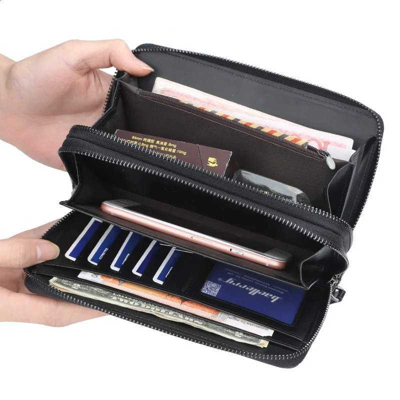 Men Wallets Large Capacity Cell Phone Pocket Double Zipper Clutch Bag Passcard Male Business Purse 250305