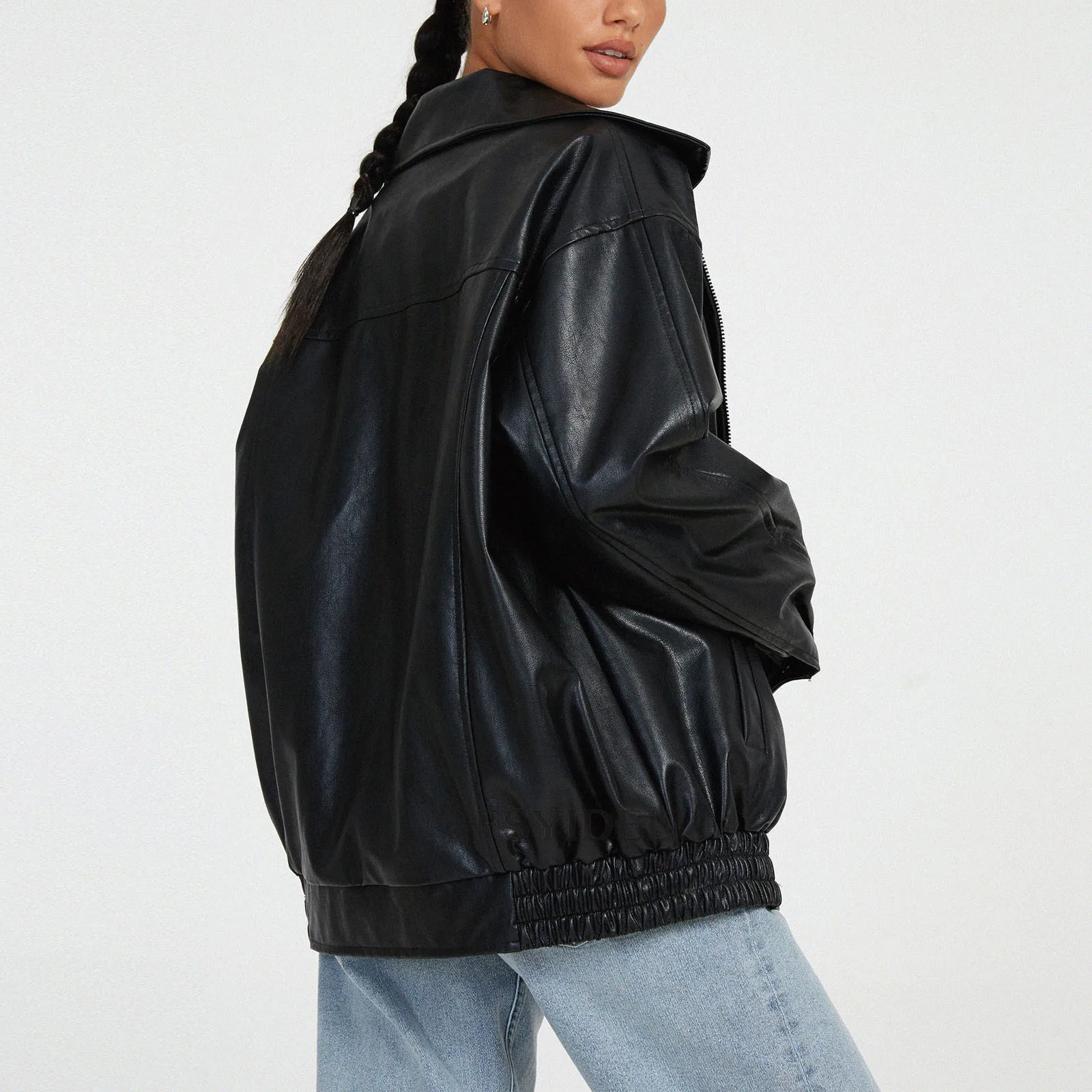 Brown PU Leather Jacket 2025 Womens AutumnWinter Solid Color Casual Loose Oversized Zipper Coat with Pockets Female 250226
