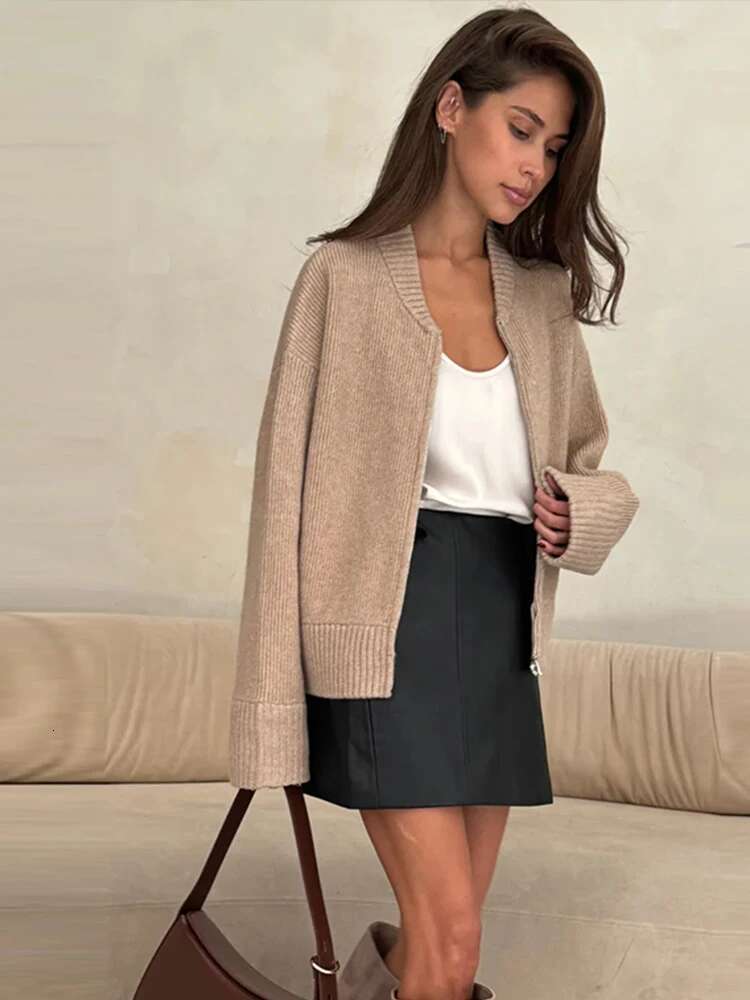 Vintage Knit Zipper Cardigan For Women Solid Color Loose O Neck Long Sleeve Sweater Female Spring Autumn All-Matching Knitwear