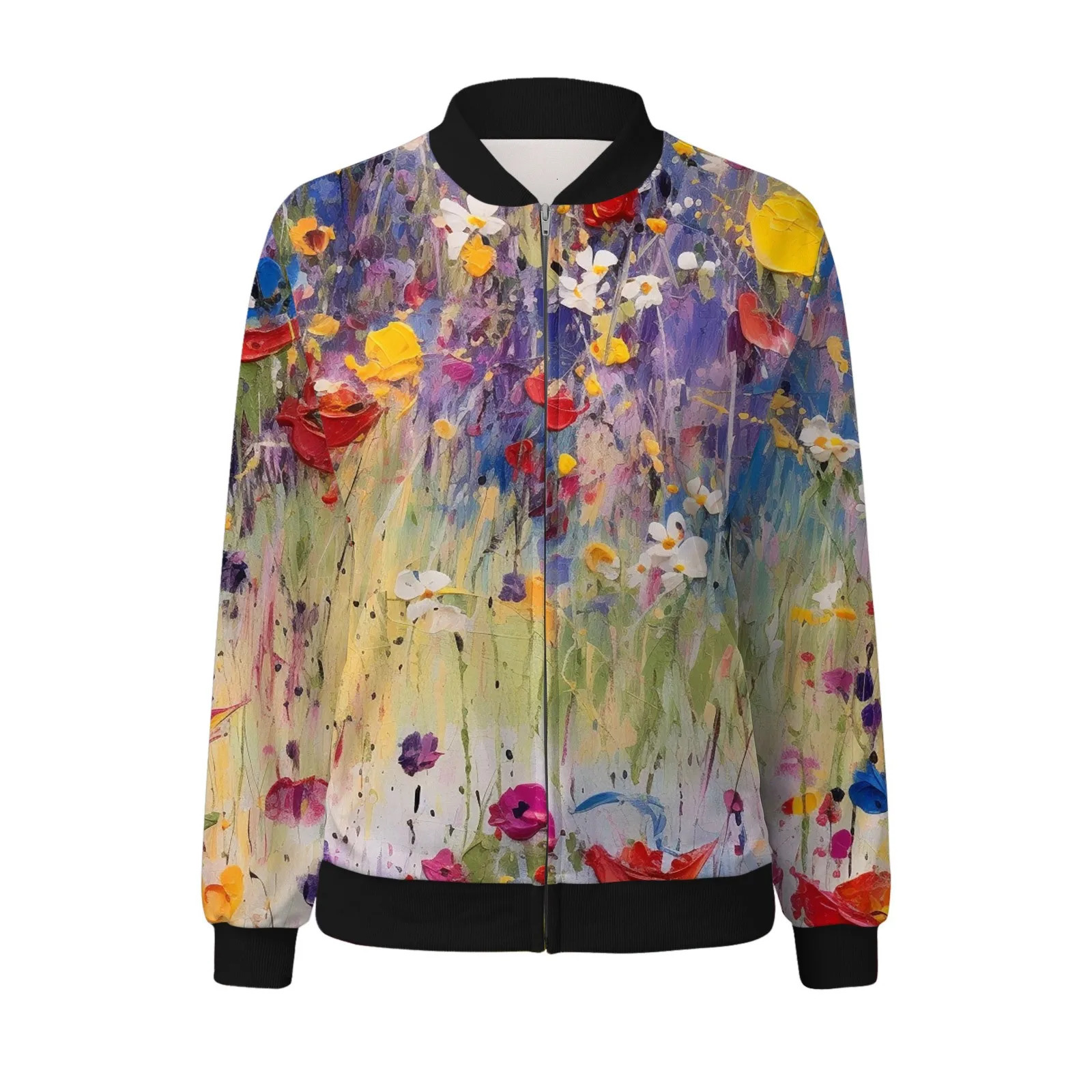 3D Floral Printed Womens Jackets Coat Outwear Autumn Long Sleeve Slim Bomber Jacket Tops Casual Woman Zipper Short Jackets 250304