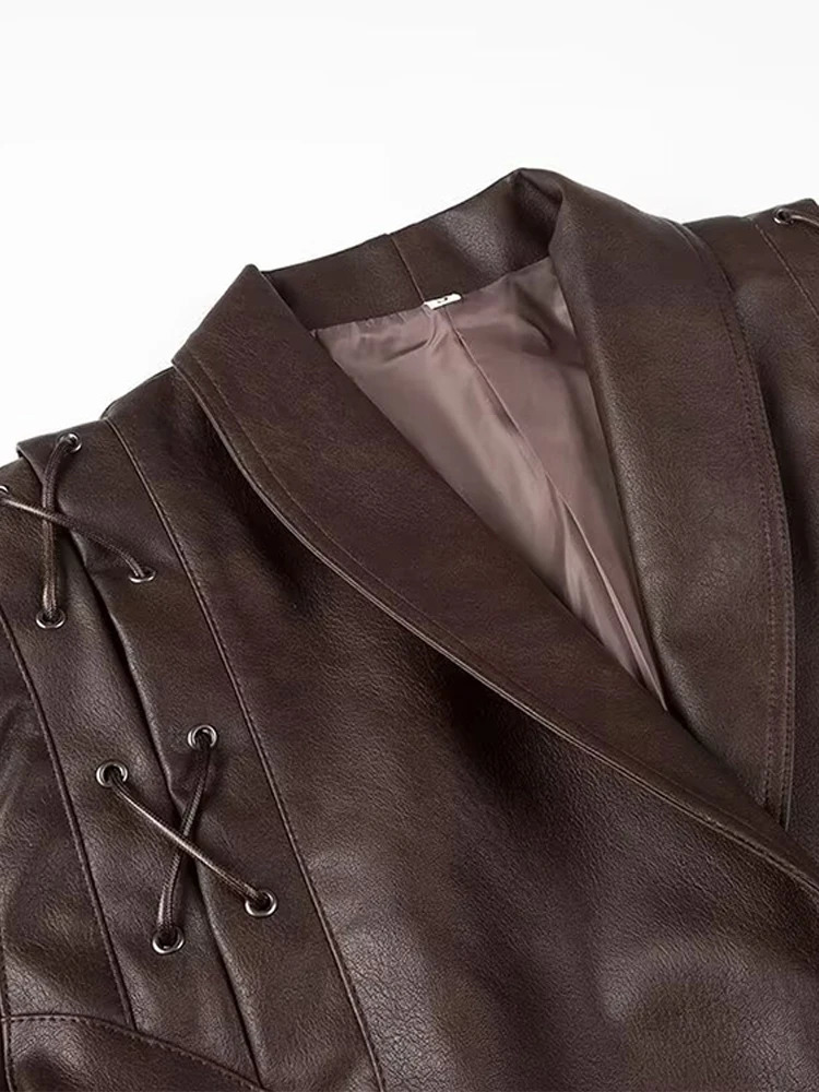 Women Leather Bomber Jackets Coats With Belt Notched Shoulder Pads Motorcycle Street Chic Short Outwear Fashion Solid Lace Up 250226