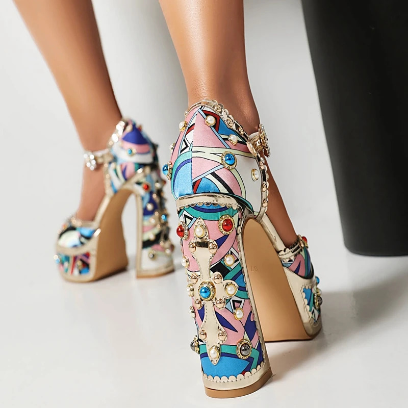 Womens Spring/Summer Diamond Pearl Flower Thick Sole Waterproof Platform High Heel Open Toe Bag Heel Sandals 250228