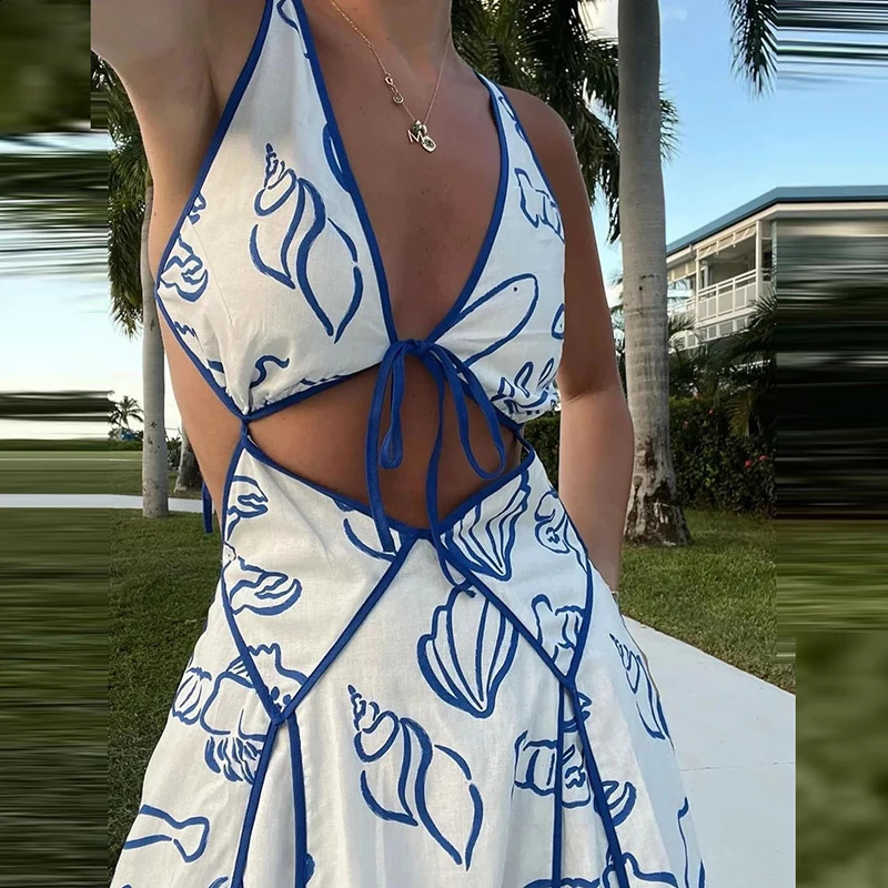Casual Vacation Deep Vneck Suspenders Dress Sexy Hollow Backless Tie Up Maxi Summer Fashion Blue Print Womens 250305