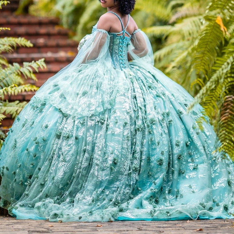 Mint Green Shiny Quinceanera Dresses Ball Gown Off Shoulder Sequin Applique Flower Beads Tull Corset Sweet 16 Dress Vestidos 15 De Anos