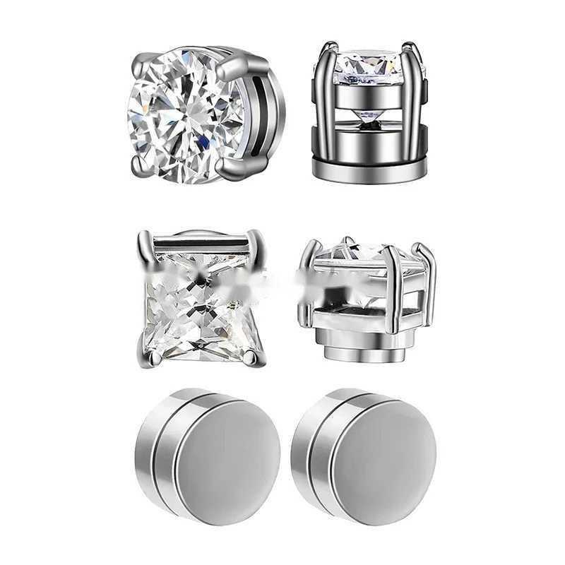 Stud 3 Pairs Crystal Strong Magnetic Ear Stud Clip Earrings for Men and Women Punk Round Zircon Magnet Earrings Non Piercing Jewelry d240426