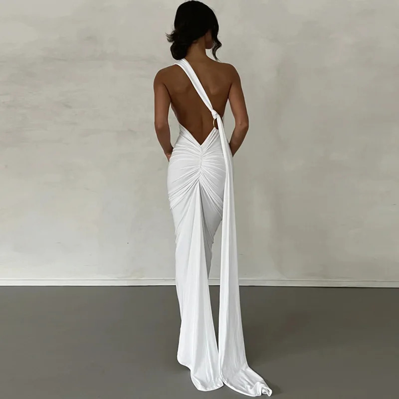 Sexy Irregular Maxi Dress One Shoulder Sleeveless Backless Ruched Bodycon Dresse Party Club Evening Prom Streetwear 250304