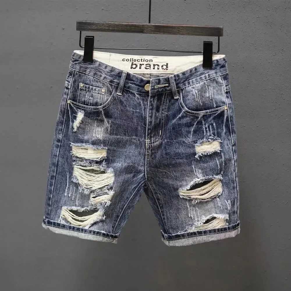 Summer Mens Korean Fashion Hole Baggy Denim Shorts Handsome Young Blue Cargo Jeans Shorts For MenT250305
