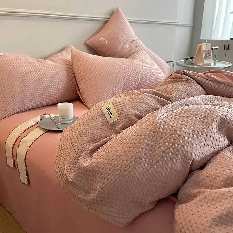 Bedding Set Luxury High Grade Light Washable Cotton Waffle Four Piece Olive Green Quilt Cover Bed Sheet Dormitory Three PieceT250304