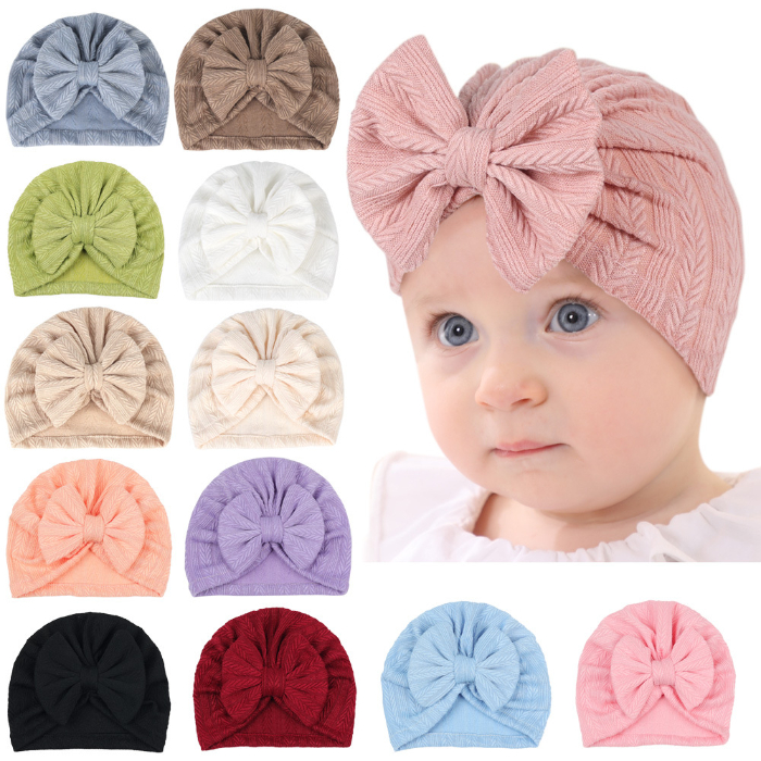 Baby Bow Turban Hat Hair Accessories Soft Newborn Bowknot Caps Grain Pattern Solid Color Toddler Turbans Cap Indian Hats for Girl Kids MA074