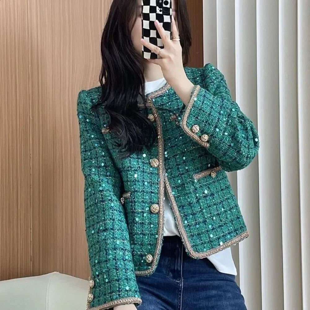 Tweed Wool Blend Coat for Women Round Neck Mixtures Jacket Woman Splicing Outerwears Novelty on Sale In Trendy 250225