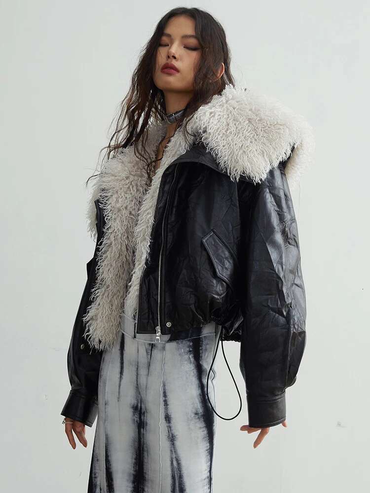 Black Big Size PU Leather Jacket New Removable Fur Collar Long Sleeve Women Coat Fashion Tide Spring Autumn