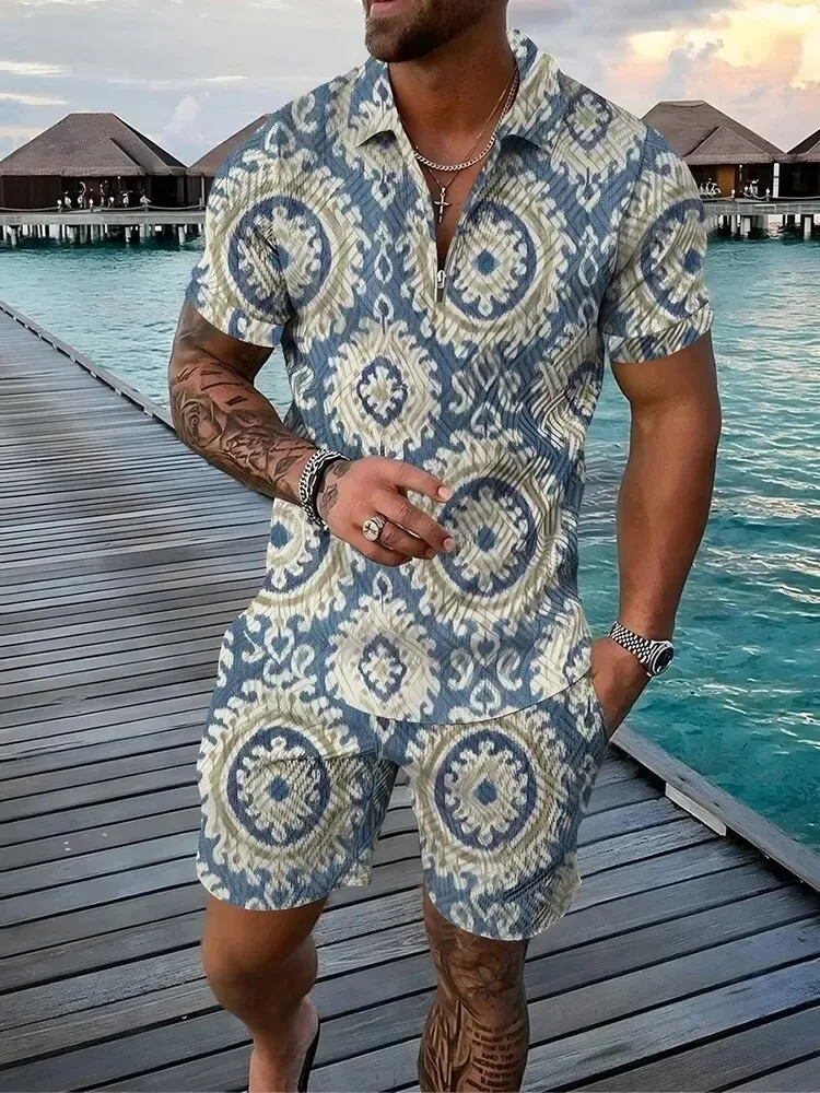 Summer 3D Print Mens Tracksuit Set Casual Zipper Polo Shirt Shorts 2pcs Sets Fashion Boho Geometric Style Men Holiday Clothing 250304